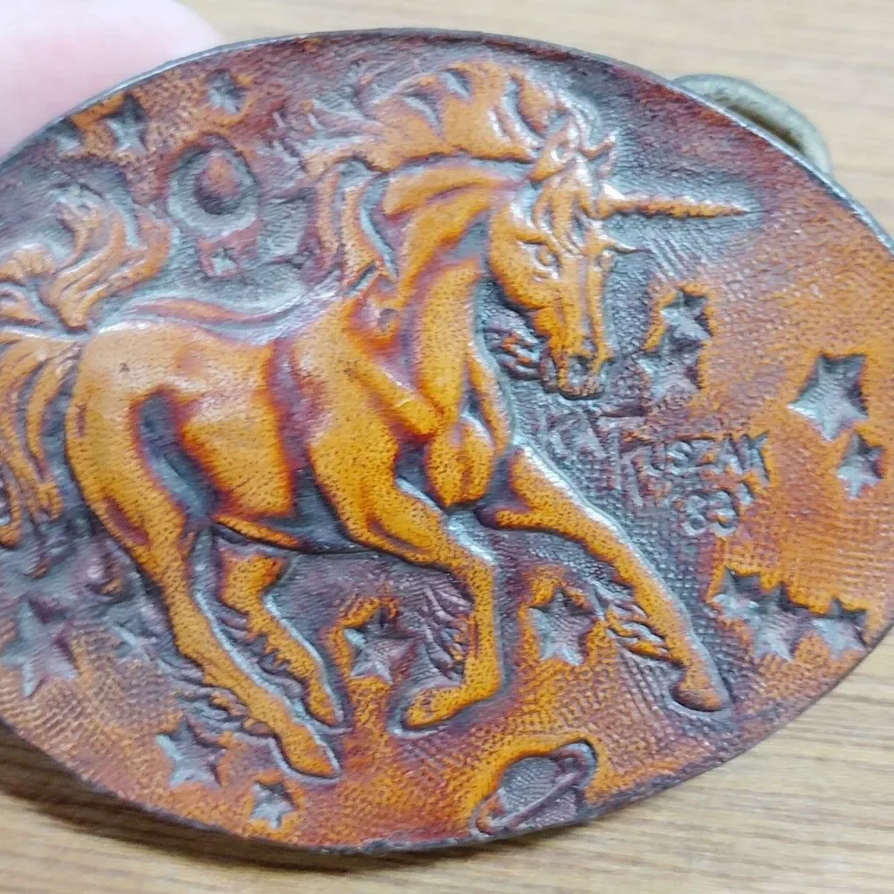 Vintage Leather Unicorn Belt Buckle Oval Carved Margical Mythical SIGNED 1983